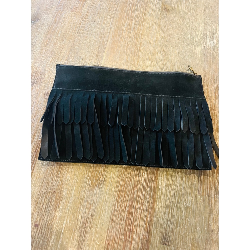 Madewell Black Suede Tiered Fringe Large Pouch Zip Clutch Bag